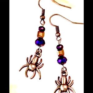 Halloween Bronze Spider Metallic Purple Earrings